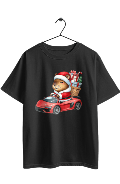 Футболка оверсайз з принтом "Різдвяна капібара з подарунком". Авто, капібара, новий рік, новорічний подарунок, подарунок, різдво, різдвяна капібара, санта, свято, тварина. 2070702