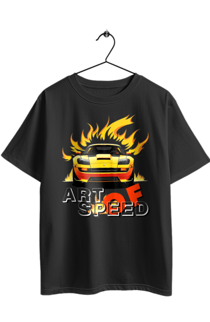 Футболка оверсайз з принтом "Машина у вогні". Автомобіль, вогонь, спортивна машина, спортивний автомобіль, швидкість. 2070702