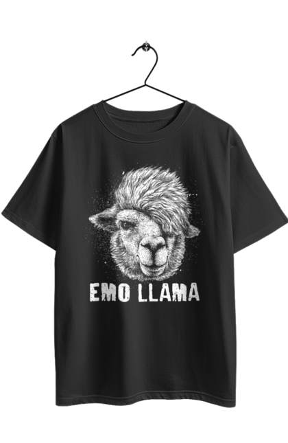 Oversized t-shirt with prints Emo Llama. Alpaca, animals, distressed, emo, funny, llama, vintage. 2070702