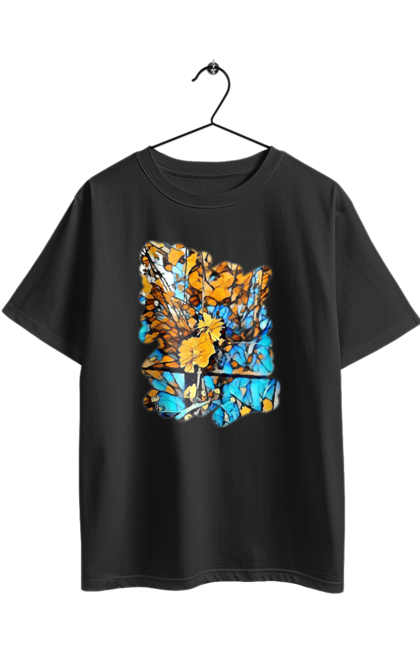 Футболка оверсайз з принтом "Жовті квіти на синьому фоні". Арт, жовтий та синій, жовті квіти, жовто-синій, квіти, малюнок, природа, синій та жовтий, синьо-жовтий. 2070702