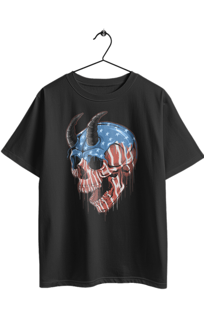 Oversized t-shirt with prints Skull with horns. America, bones, dye, flag, horns, scull, states, teeth, usa. 2070702