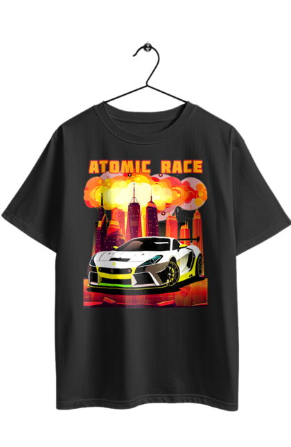 Футболка оверсайз з принтом "Атомна гонка". Авто, автомобіль, атомні перегони, гонки, гоночні машини, спортивна машина, спорткар. 2070702