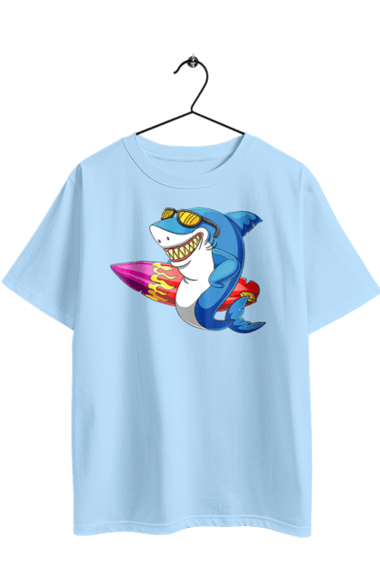 Oversized t-shirt with prints Shark With Glasses Surfing. Glasses, shark, summer, surfing. 2070702