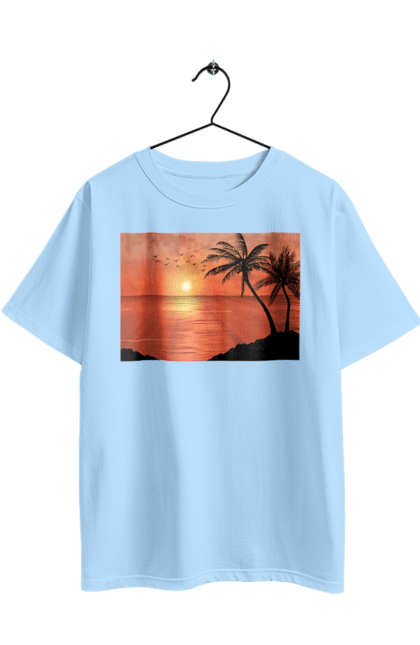Oversized t-shirt with prints West Palm Sea. Palm trees, sea, shore. 2070702