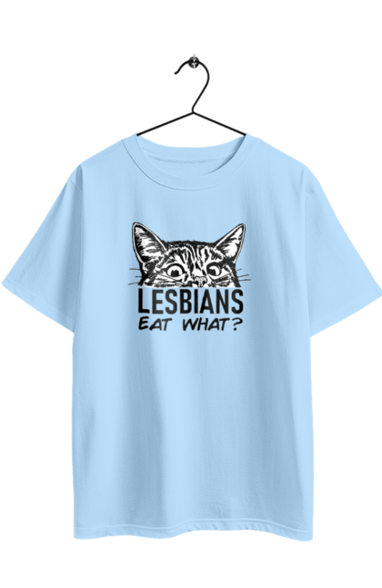 Футболка оверсайз з принтом "Lesbians eat what?". Гумор, котики, лгбт, лесбіянки, приколи, смішні написи. 2070702