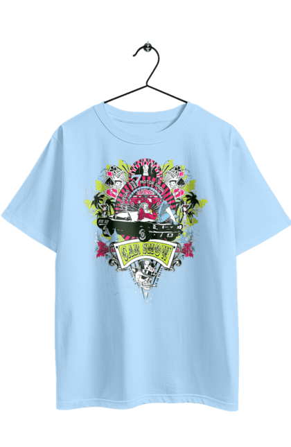 Футболка оверсайз з принтом "Автомобільне Шоу, Літо". Автомобіль, гроші, карти, пальма, шоу. 2070702