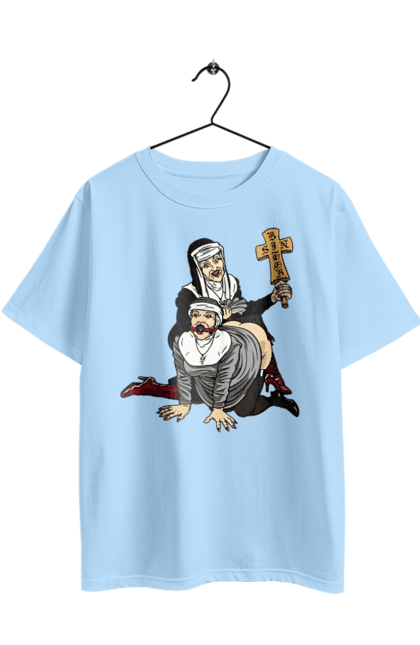 Футболка оверсайз з принтом "Монашки БДСМ". Бдсм, крута, модна, молодіжна, плескає по дупі, рок, рольові ігри, черниці бдсм, черницю, черниця. 2070702