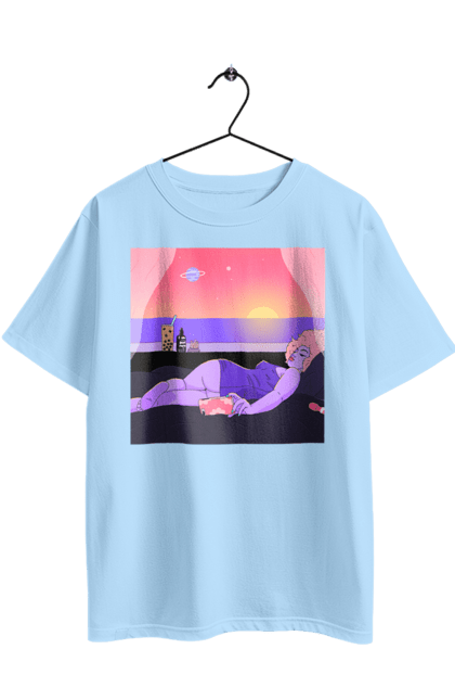 Футболка оверсайз с принтом Фиолетовая Девушка На Отдыхе. Девушка, закат, телефон. 2070702