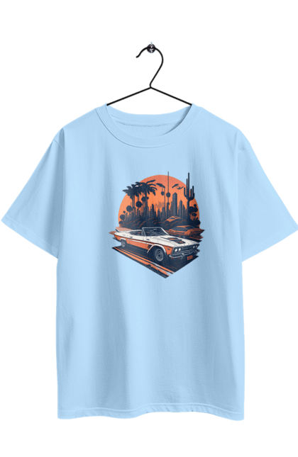 Футболка оверсайз с принтом Красивая машина на закате. Авто, закат, закат, отклонить, солнце. 2070702