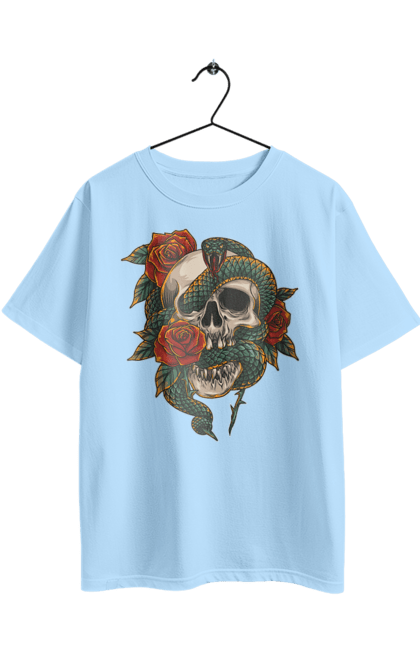 Футболка оверсайз з принтом "Череп зі змією". Змія, зуби, квіти, кістки, луска, троянди, череп, шипи. 2070702