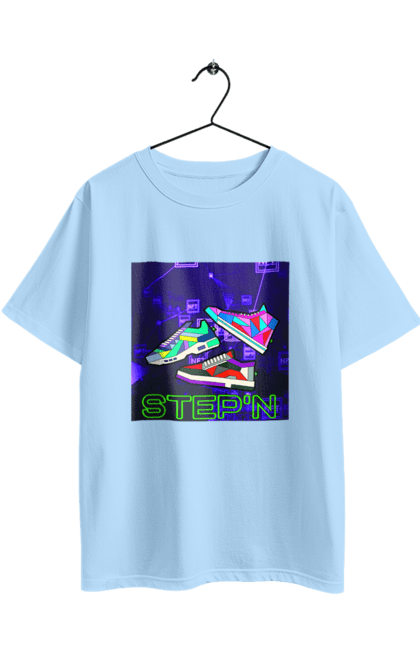 Oversized t-shirt with prints Step`n. Crypt, cryptocurrencies, nft, nft sneakers, solana, stepn, virtual crosses. 2070702