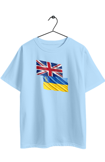 Футболка оверсайз з принтом "Прапор Великої Британії, прапор України, Підтримка України". Британія, велика британія, війна, киев, мир, національні кольори, прапор, прапор британії, прапор великої британії. 2070702