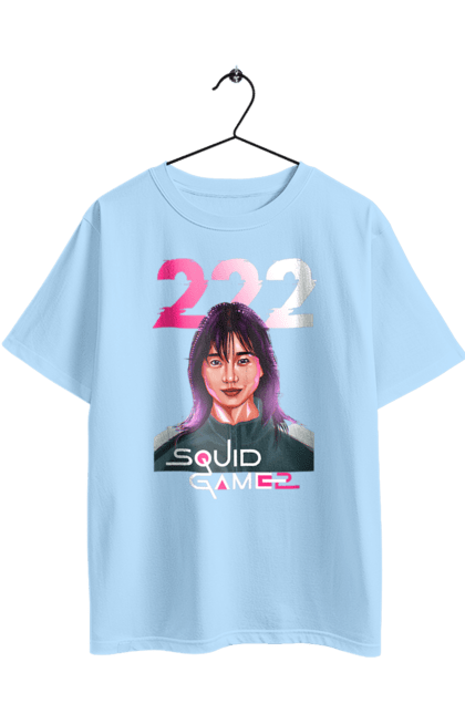 Футболка оверсайз з принтом "Гра в кальмара Кім Чун Хі". 222, kim jun-hee, netflix, squid game, гра в кальмара, гравець 222, ким чун хі, нетфлікс, серіал. 2070702