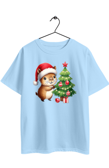 Футболка оверсайз з принтом "Різдвяна капібара з ялинкою". Капібара, новий рік, новорічний подарунок, подарунок, різдво, різдвяна капібара, санта, свято, тварина, ялинка. 2070702