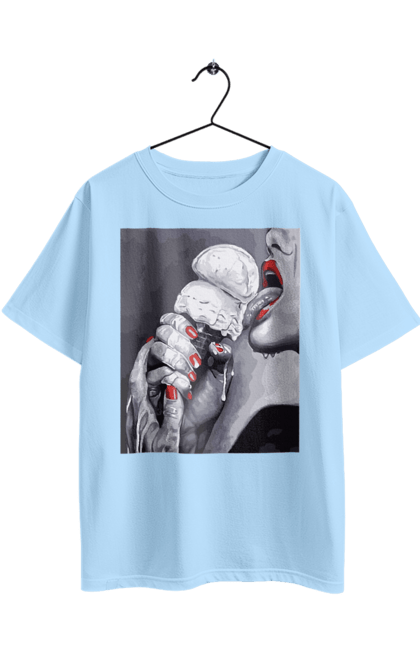 Футболка оверсайз з принтом "Смак ескімо". Апетитне ескімо, вона лиже, дівчина та морозиво, лиже мовою, смак ескімо, смак морозива, тече по губах, тече по руках. 2070702