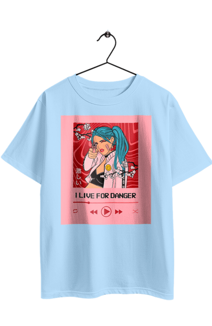 Oversized t-shirt with prints I Live For Danger. Anime, music, pistol, turntable. 2070702