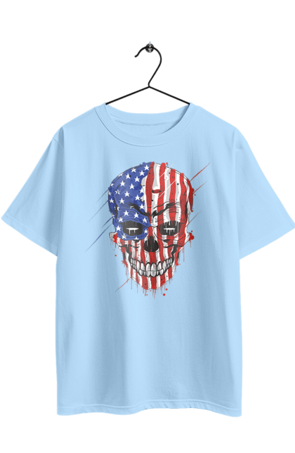 Футболка оверсайз з принтом "Череп з прапором". Зуби, кістки, орел, посмішка, прапор, сша, череп. 2070702