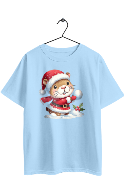 Футболка оверсайз з принтом "Капібара грає у сніжки". Гра, капібара, новий рік, подарунок, різдво, різдвяна капібара, санта, свято, сніжки, тварина. 2070702