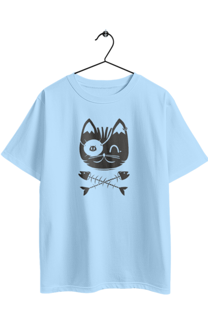 Oversized t-shirt with prints Pirate cat. Animals, bones, cat, cool drawing, cute pictures, fish, pirates, skull. 2070702