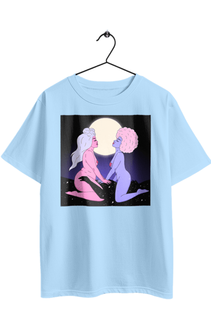 Футболка оверсайз с принтом Две Инопланетянки И Луна. Девушки, инопланетянки, сверху. 2070702