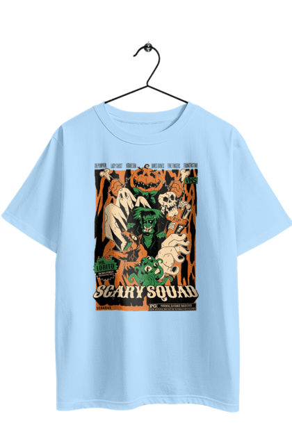 Oversized t-shirt with prints Halloween Scary Squad. Costume, ghost, halloween, holiday, october, october 31, pumpkin, skeleton, sweets, trick or treat. 2070702