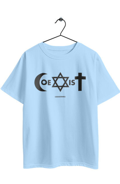 Oversized t-shirt with prints Coexist. Christianity, coexist, equality, interreligious dialogue, islam, judaism, religion, symbols of faith, tolerance. 2070702