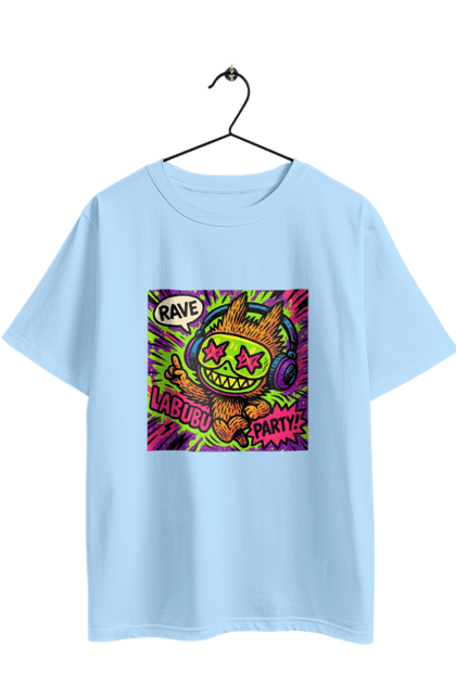 Футболка оверсайз з принтом "Лабубу". Вечірка, вуличне мистецтво, графіті, зоряніочі, коміксстиль, лабубу, навушники, неон, попарт, рейв. 2070702
