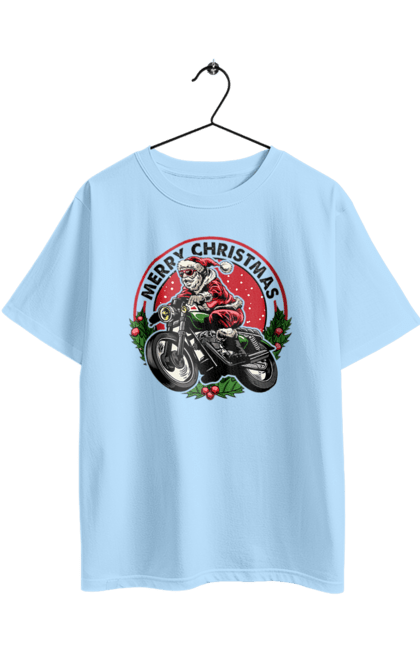 Футболка оверсайз з принтом "Щасливого Різдва, дід мороз на мотоциклі". 2022, дід мороз, зима, мотоцикл, новий рік, подарунки, різдво, санта, сніг. 2070702