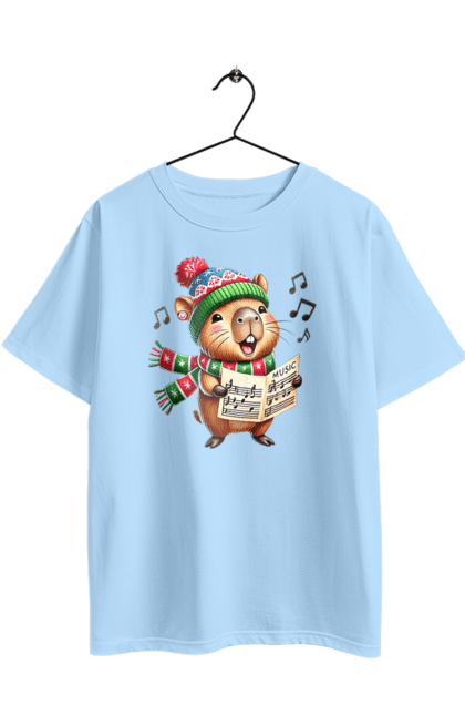 Футболка оверсайз з принтом "Капібара співає різдвяні пісні". Капібара, музика, новий рік, подарунок, різдво, різдвяна капібара, санта, свято, тварина, хор. 2070702