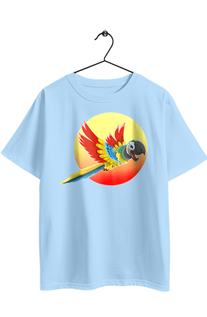 Футболка оверсайз з принтом "Папуга На Тлі Сонця". Ара, веселий, відпочинок, відпустка, диск, жарко, жовтий, коло, кольоровий, крила, літає, літо, папуга, папужка, пір`я, політ, помаранчевий, птах, різнокольоровий, сонце, сонячно, спека, тепло, тропіки, у польоті, червоний. 2070702