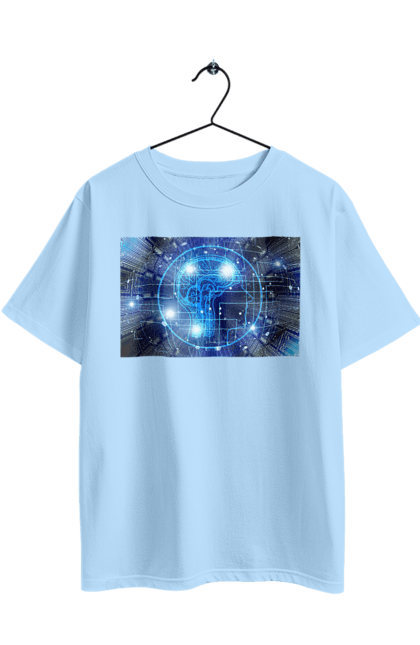 Футболка оверсайз з принтом "Штучний інтелект". Айті, айтішник, гік, знання, інженер, інтелект, кібер, кібернетика, кіборг, код, комп, комп`ютерник, кристал, машинне навчання, мікросхема, мозок, портрет, програміст, професіонал, професія, розробник, розум, хакер, чіп, штучний інтелект, штучний розум. 2070702