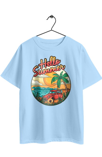 Футболка оверсайз з принтом "Привіт Літо, Машина Біля Моря". Літо, машина, острів, пальма, пляж. 2070702