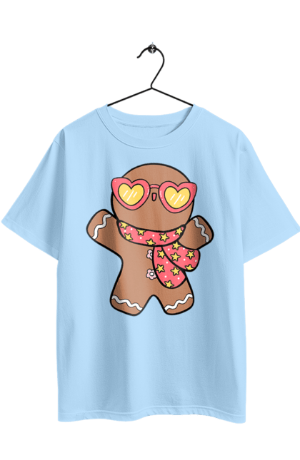 Oversized t-shirt with prints Gingerbread with glasses. Christmas, christmas decor, christmas print, cookie, festive mood, gingerbread cookies, new year, sweets, winter holidays. 2070702
