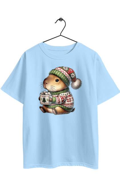 Футболка оверсайз з принтом "Капібара з гарячим шоколадом". Гарячий шоколад, капібара, новий рік, подарунок, різдво, різдвяна капібара, санта, свято, тварина. 2070702