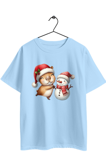 Футболка оверсайз з принтом "Капібара та сніговик". Капібара, новий рік, новорічний подарунок, подарунок, різдво, різдвяна капібара, санта, свято, сніговик, тварина. 2070702