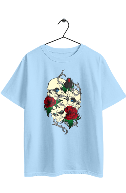 Футболка оверсайз з принтом "Черепа з трояндами". Зуби, квіти, кістки, листя, очі, троянда, троянди, череп, шипи. 2070702