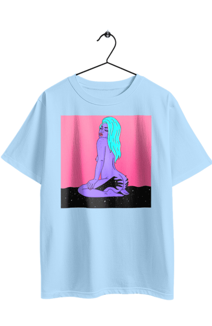 Oversized t-shirt with prints Purple Girl In Hands. Alien, girl, sits. 2070702