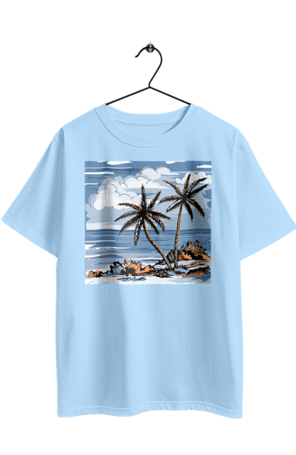 Oversized t-shirt with prints Palm Trees And Sky. Clouds, palm trees, sea, sky. 2070702