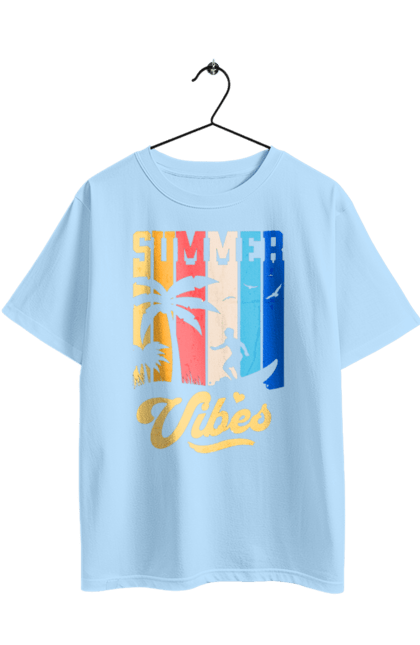 Oversized t-shirt with prints Summer Vibes Beach. Beach, sea, summer, surfing, tropics, vacation. 2070702