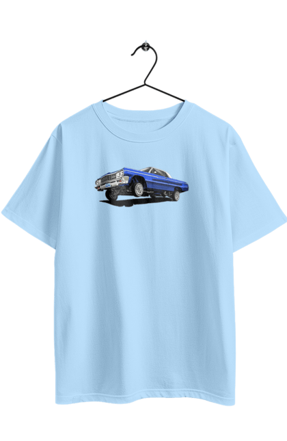 Футболка оверсайз з принтом "Автомобіль". Автомобіль, імпала, класика, лоурайдер, синій, шевроле. 2070702