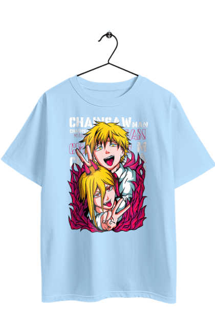 Футболка оверсайз с принтом Человек Бензопила Пауэр и Дэнджи. Anime, chainsaw man, denji, manga, power, аниме, дэнджи, манга, пауэр, человек-бензопила. 2070702