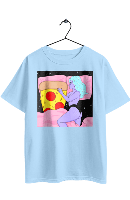 Oversized t-shirt with prints Purple Girl And Pizza. Bed, girl, pizza. 2070702