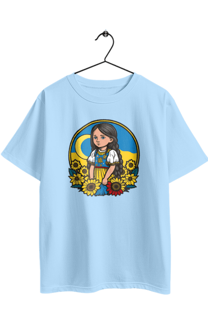 Футболка оверсайз з принтом "Мила Українська дівчинка". Блакитний, жовтий, жовто-блакитний, зроблено в україні, патріот, патріоти україни, підтримую україну, прапор україни, україна, українська дівчинка. 2070702