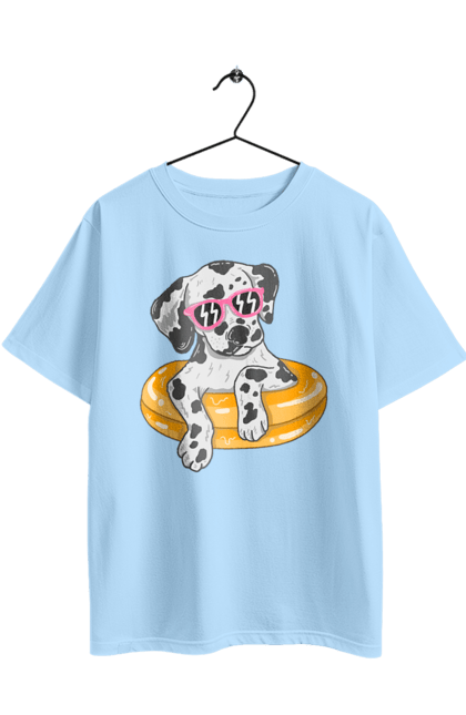 Oversized t-shirt with prints Dalmatian Swims In A Circle. Dalmatian, dog, glasses, to swim. 2070702