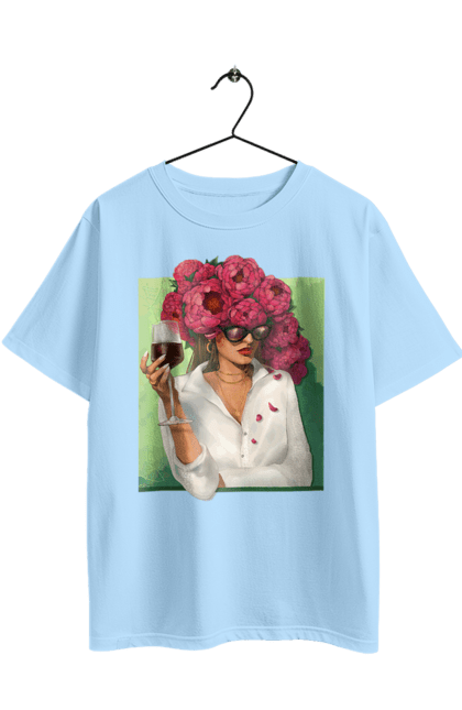Футболка оверсайз з принтом "Дівчина з півоніями та келихом". Вино, дівчина, квітка, келих, літо, окуляри, півонії, сорочка. 2070702