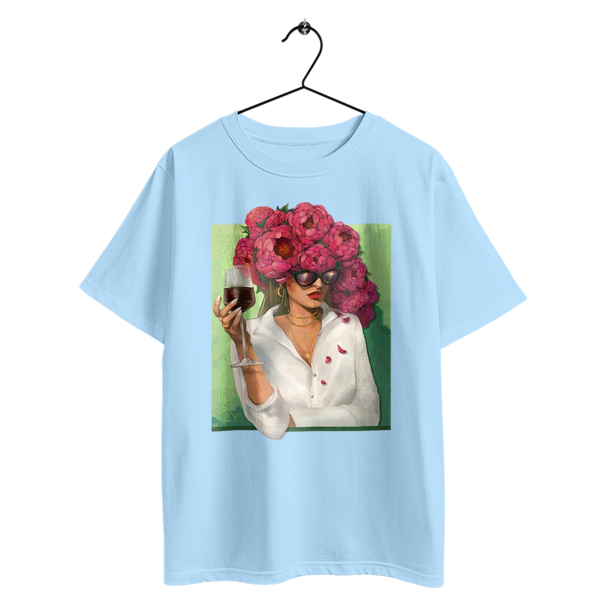 Girl with peonies and a glass