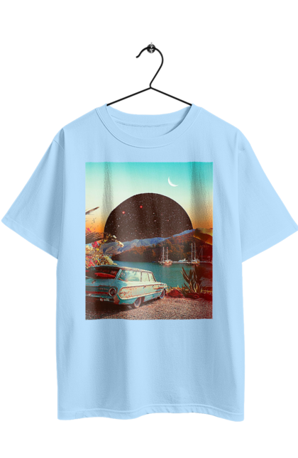 Футболка оверсайз с принтом Картина, машина у речки. Картина, машина, планета, прикол, река, ретро. 2070702