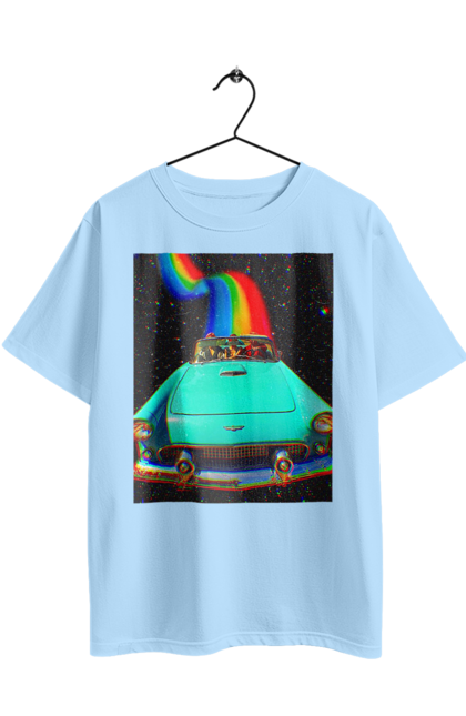 Oversized t-shirt with prints Picture, a car in space. Joke, machine, picture, rainbow, retro, space, travel, trip. 2070702