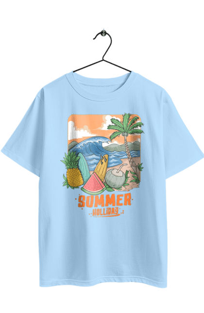 Oversized t-shirt with prints Summer Holidays. Palm, sea, summer, waves. 2070702