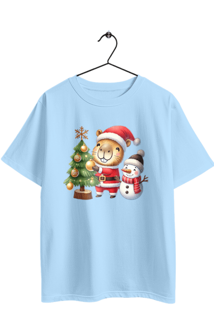 Футболка оверсайз з принтом "Різдвяна капібара з ялинкою". Капібара, новий рік, новорічний подарунок, подарунок, різдво, різдвяна капібара, санта, свято, тварина, ялинка. 2070702